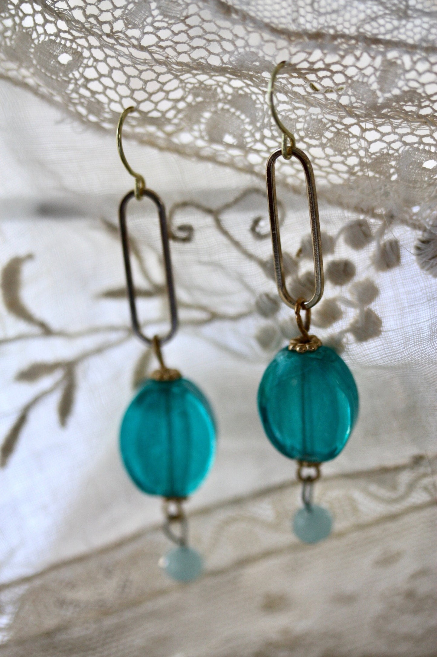Turquoise glass and gold metal drop earrings