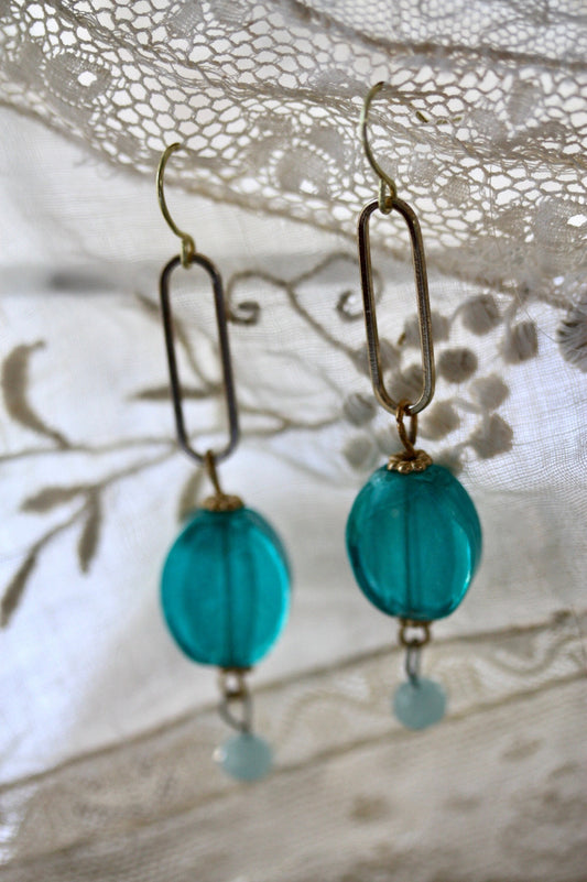 Turquoise glass and gold metal drop earrings