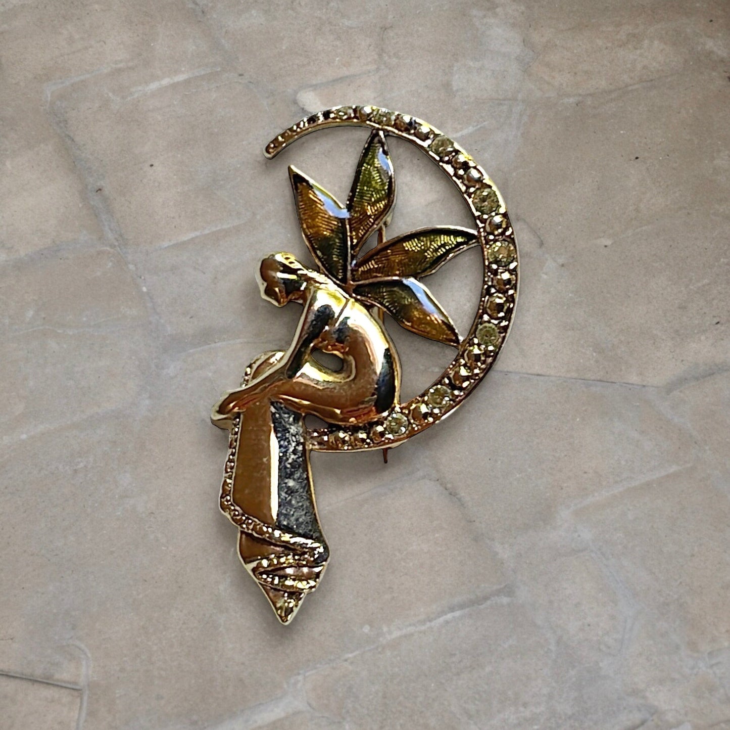 Stunning Vintage Liz Claiborne pin - Fairy Sitting On A Half Moon, Gold Tone, Enamel wings, Brooch