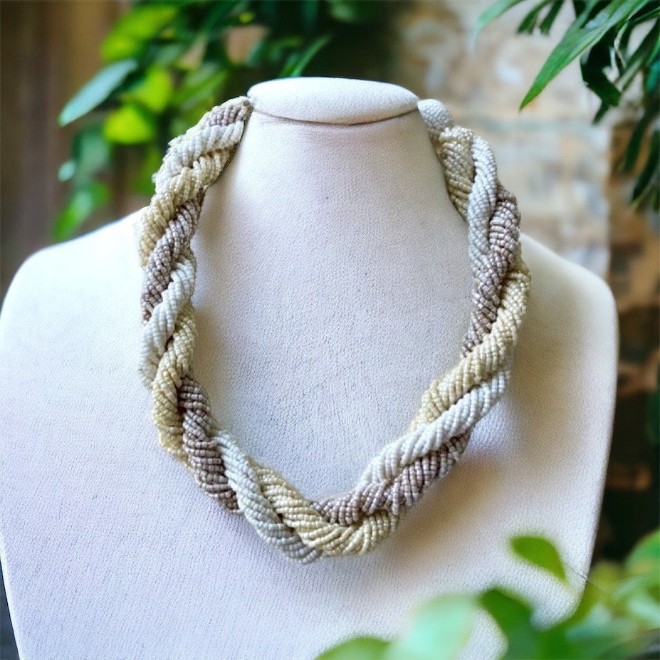 Chunky vintage statement necklace made of thousands of seed beads - with beadwork ball closure - shades of white, cream and grayish tan