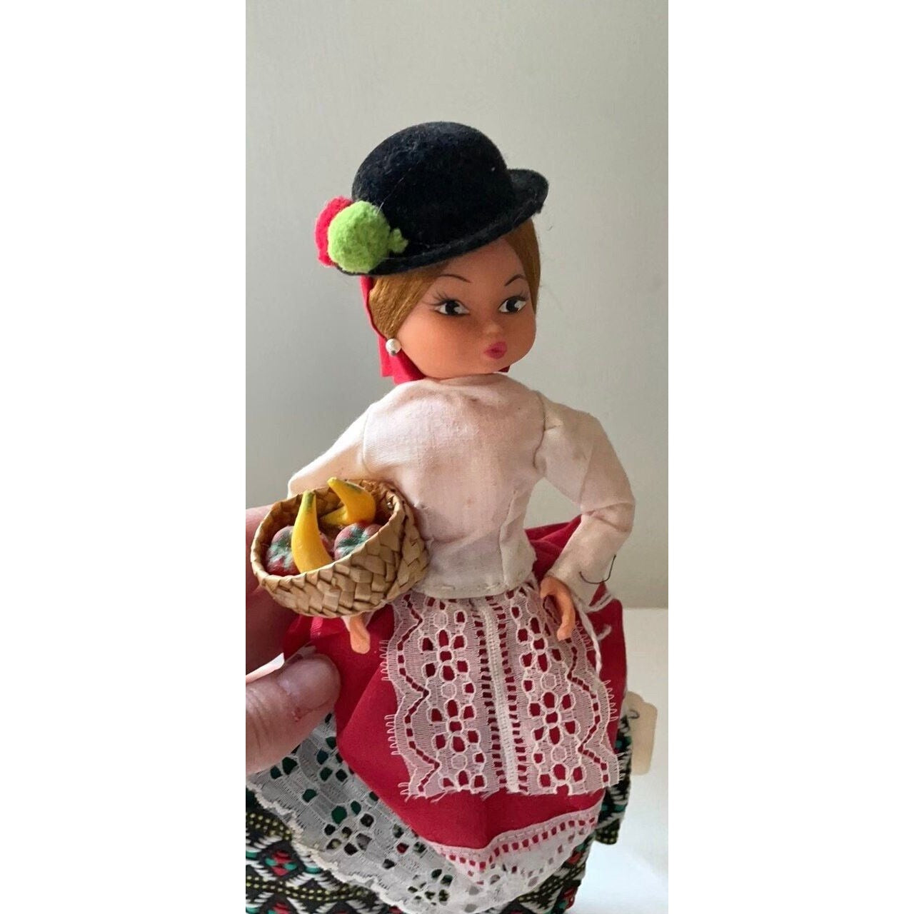 Vintage signed Muneca Artesana Beibi doll figurine - Made in Spain - holding wicker basket with miniature fruit