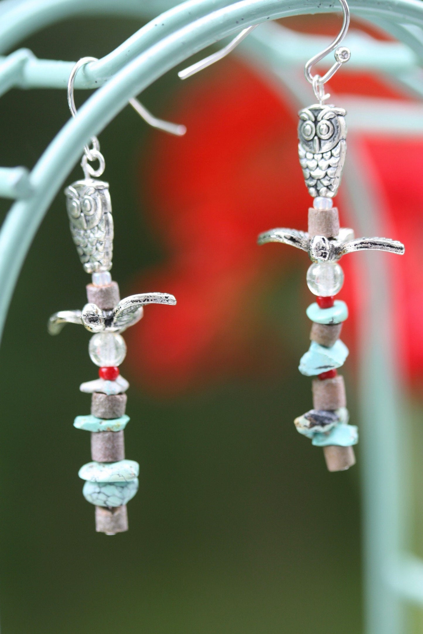 Owl and bird "totem pole" beaded earrings