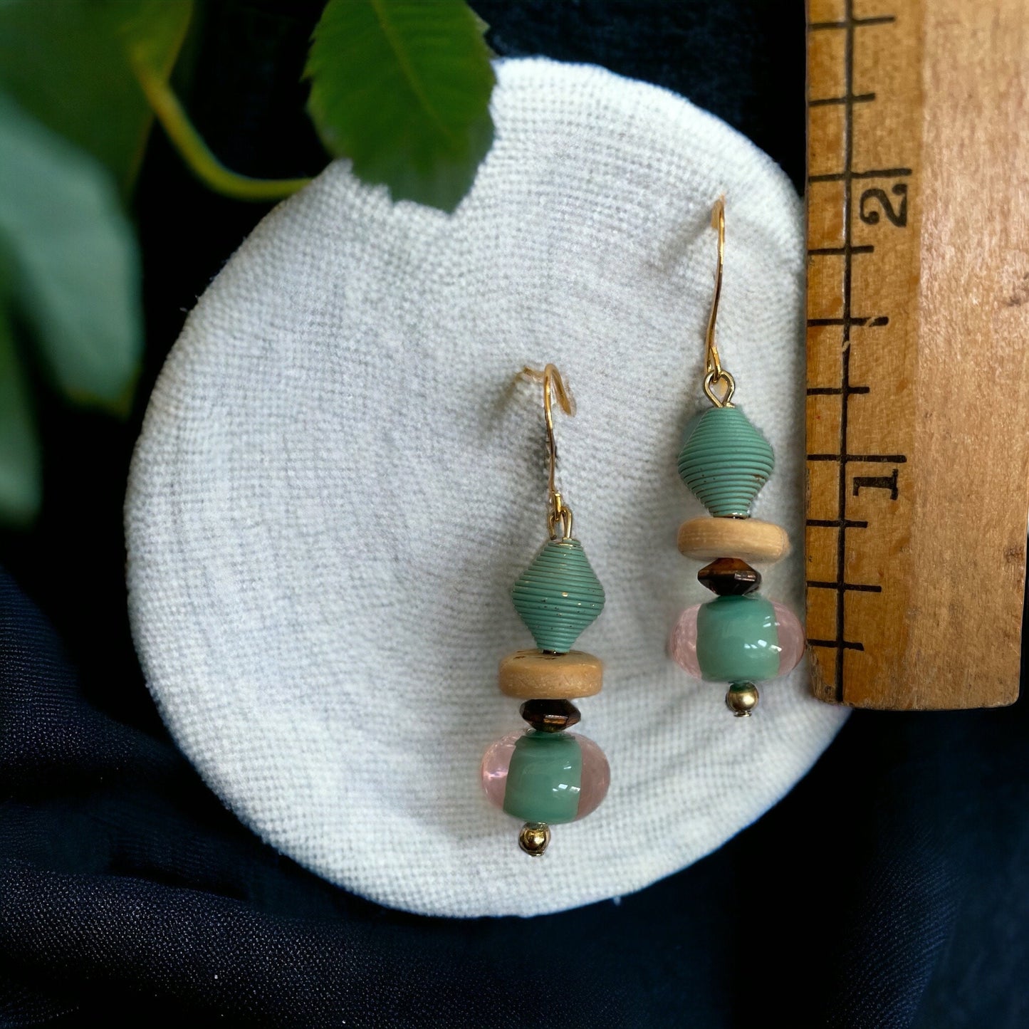 Mixed material glass, metal and wood turquoise drop earrings
