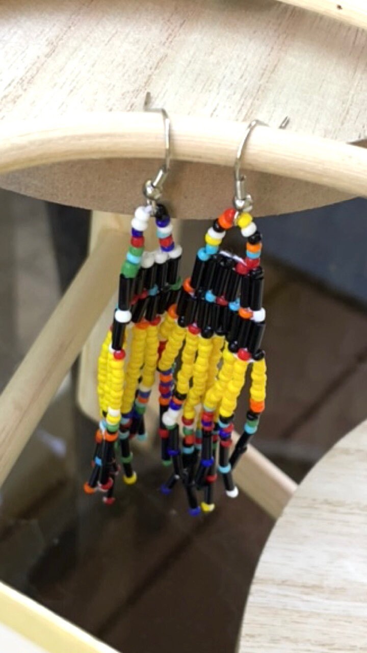 Handmade vintage beadwork dangle earrings - yellow, black and rainbow
