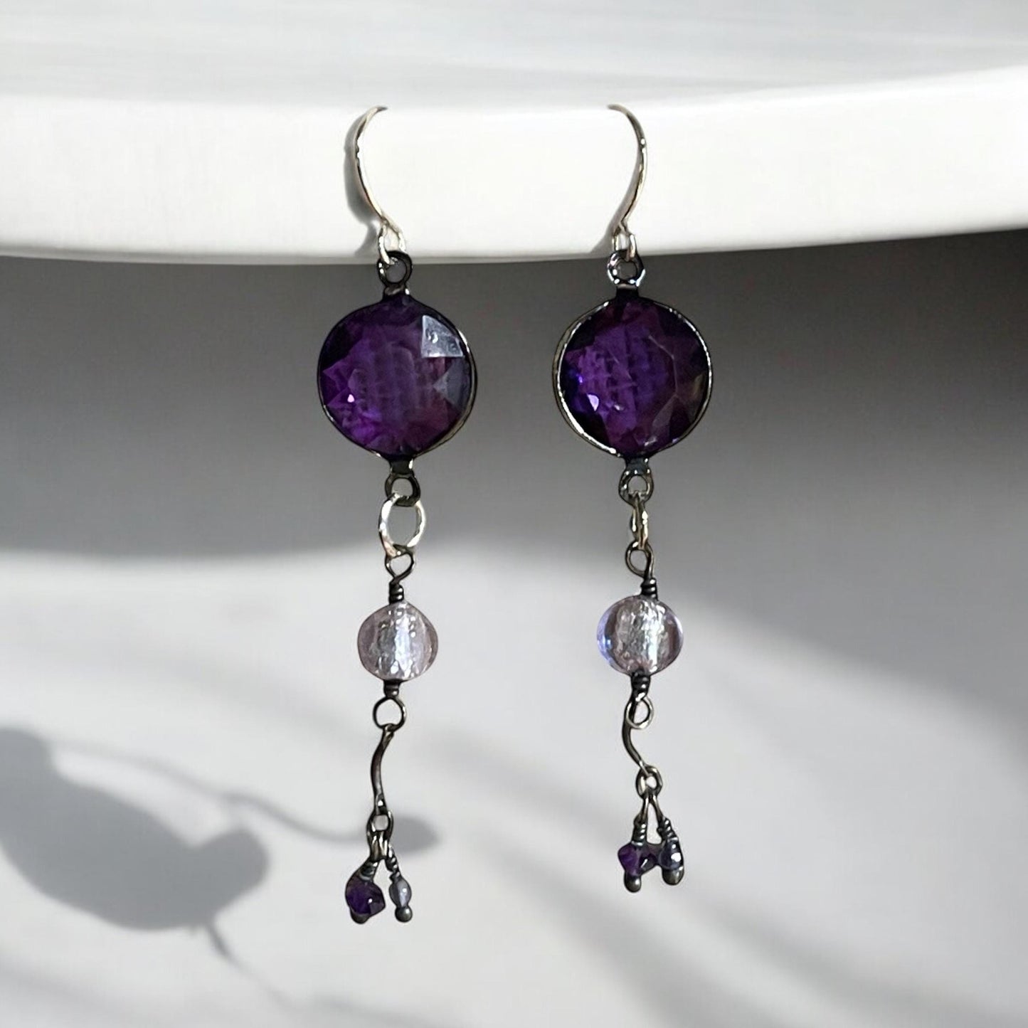 Purple crystal dangle earrings - vintage faceted purple crystals, lavendar foil beads and tiny dangle drops