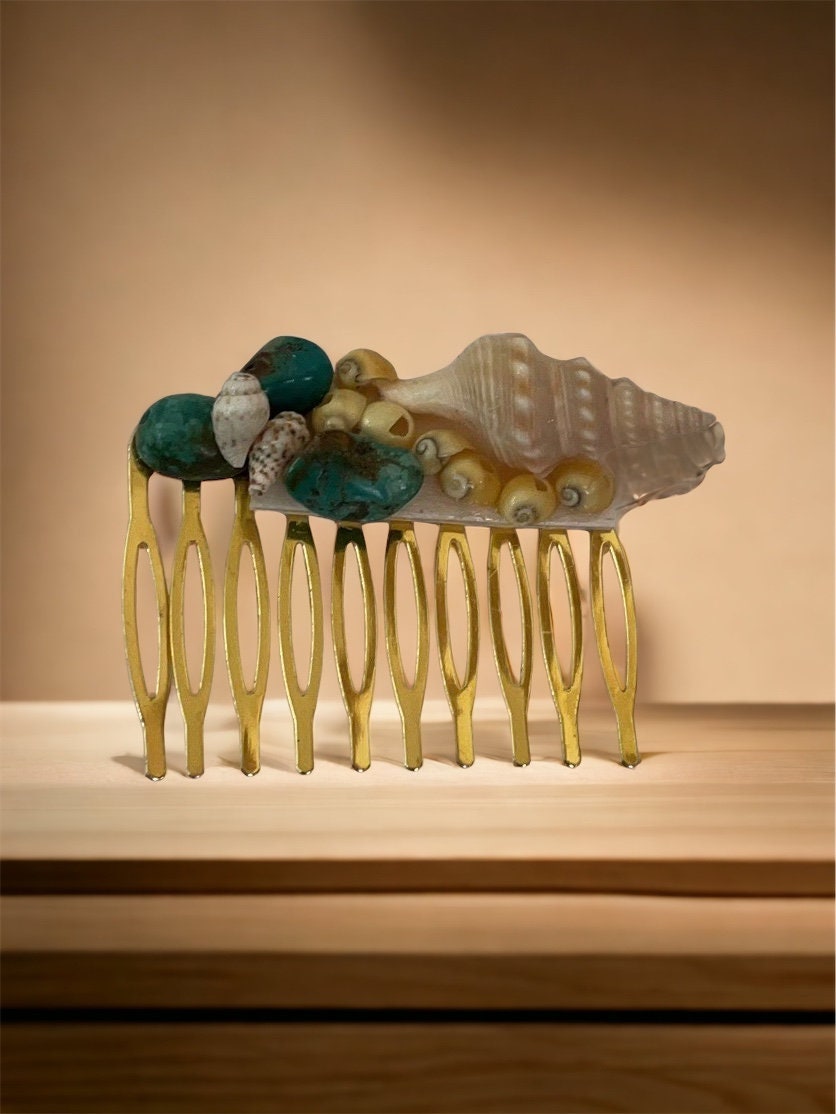 Stunning beach themed hair comb - starfish, stones, shells, faux pearls and blue sea glass on goldtone metal