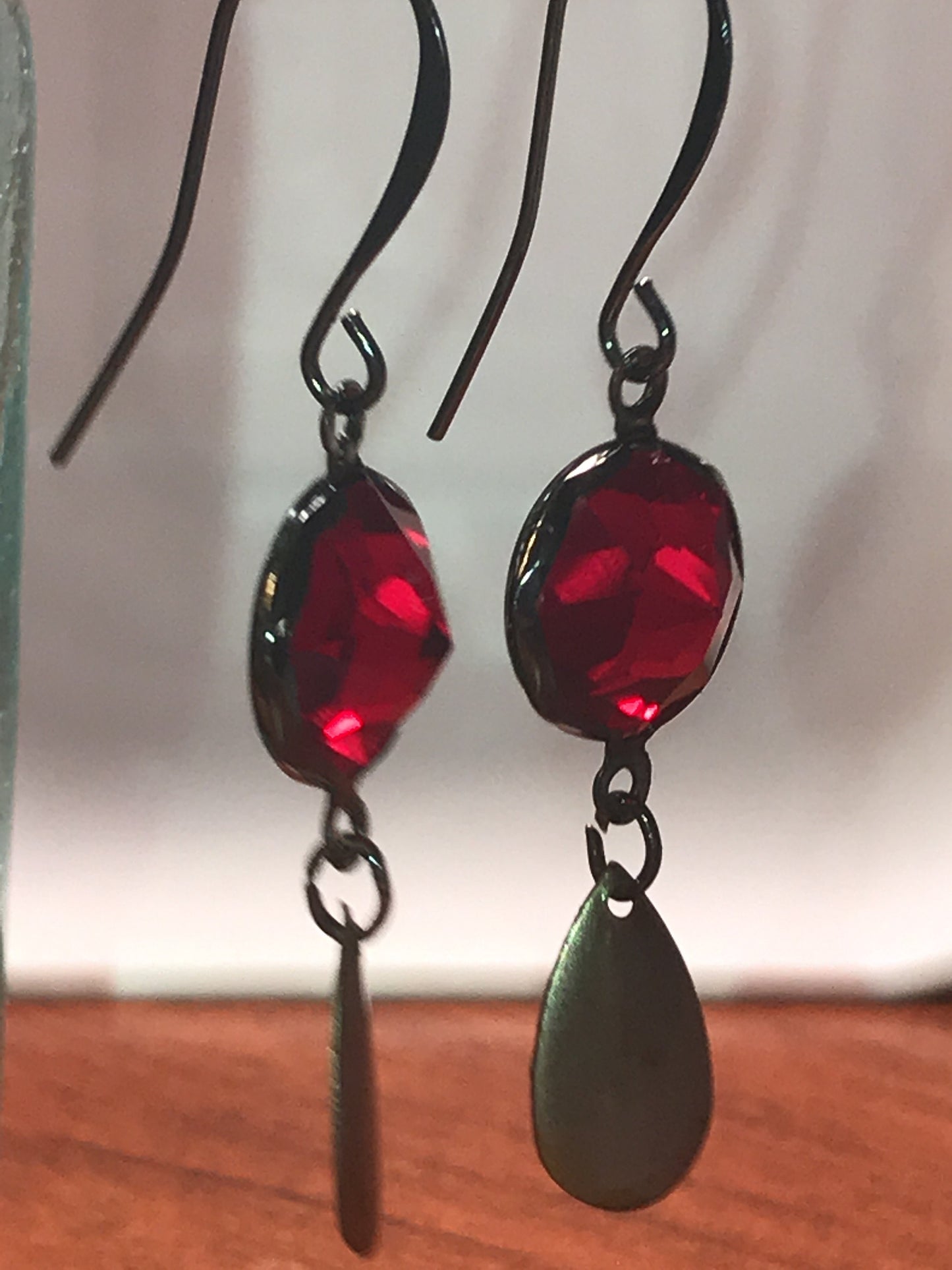 Faceted red glass earrings made of both new and vintage components