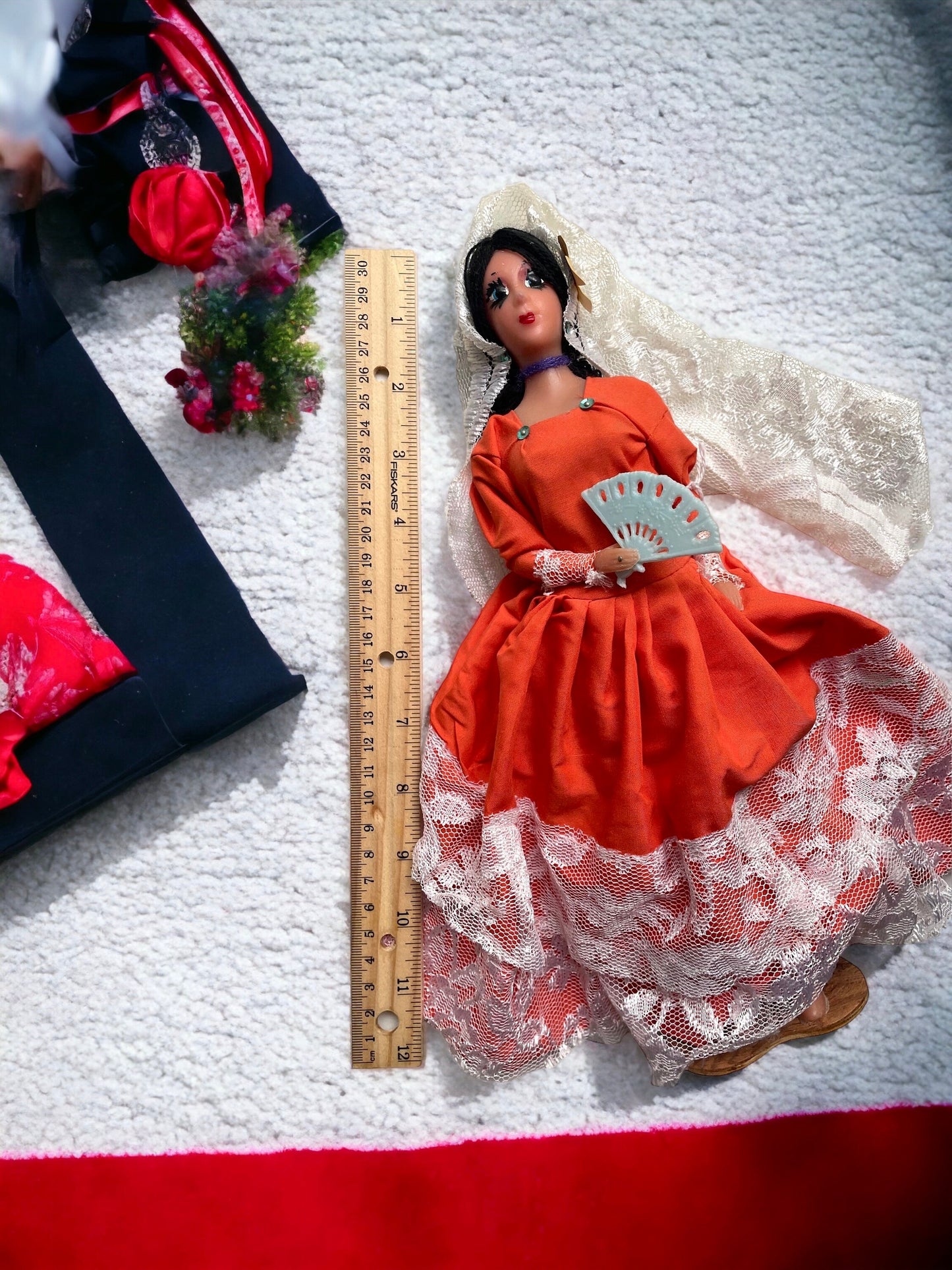 Stunning vintage doll from Mexico - full orange dress, long lace veil, blue fan