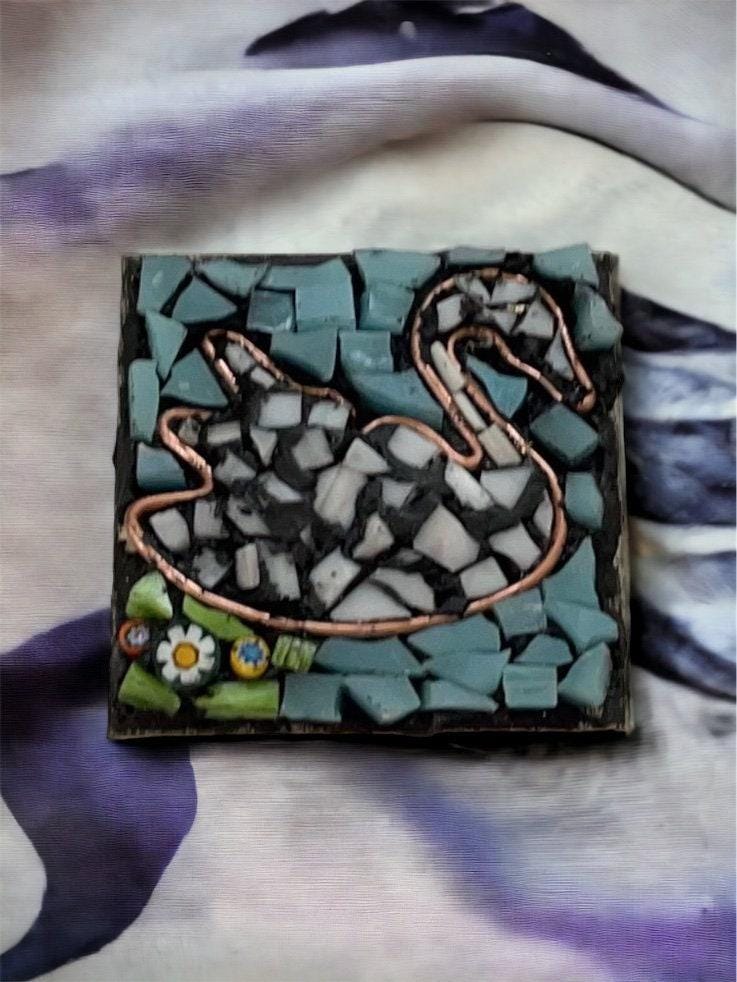 Handmade Mosaic Necklace - Swan in Water with Millefiori Glass