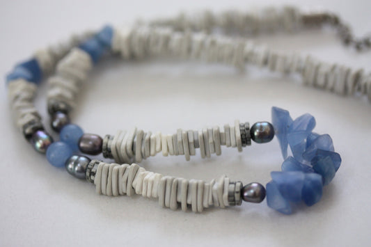 Unique vintage necklace with white shell heishi beads with blue semi precious stone chips