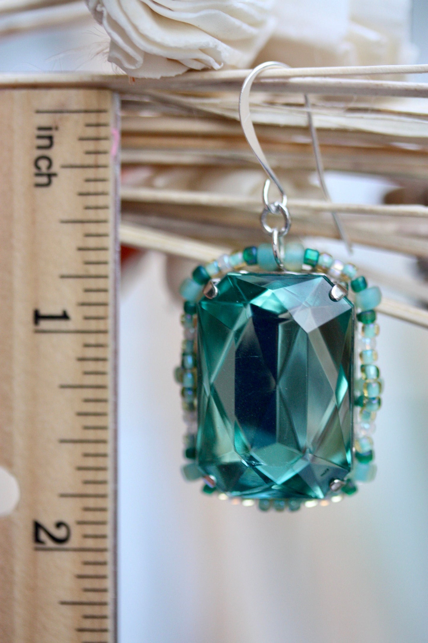 Vintage turquoise faceted crystal dangle earrings with original handmade beadwork