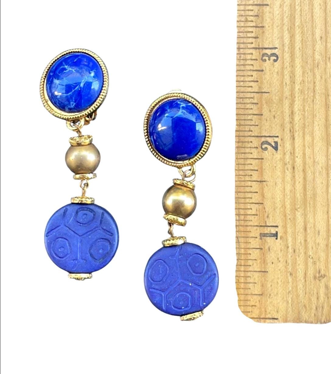 Vintage Cobalt Blue Clip On Statement Earrings | Gold Tone Dangle Earrings | Bold 1980s Fashion Jewelry | 2.5 Inch Earrings