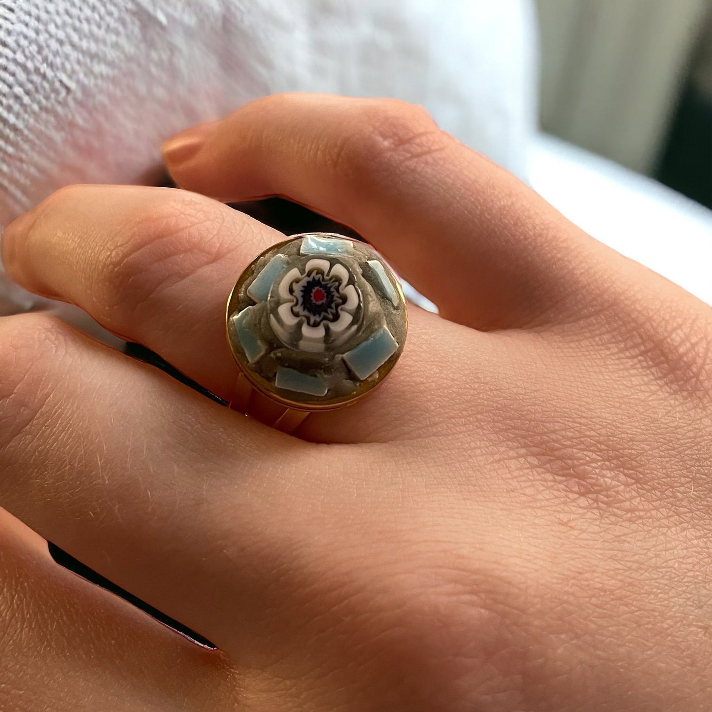 Handmade micro mosaic adjustable ring - hand cut glass millefiori