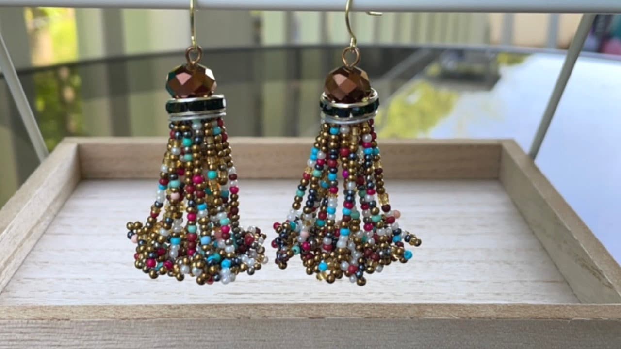 Stunning vintage beadwork tassel dangle earrings