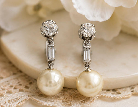 Vintage Signed Trifari Faux Pearl & Rhinestone Clip Earrings | Classic Mid Century Bridal Jewelry | Elegant Wedding Earrings Clip on