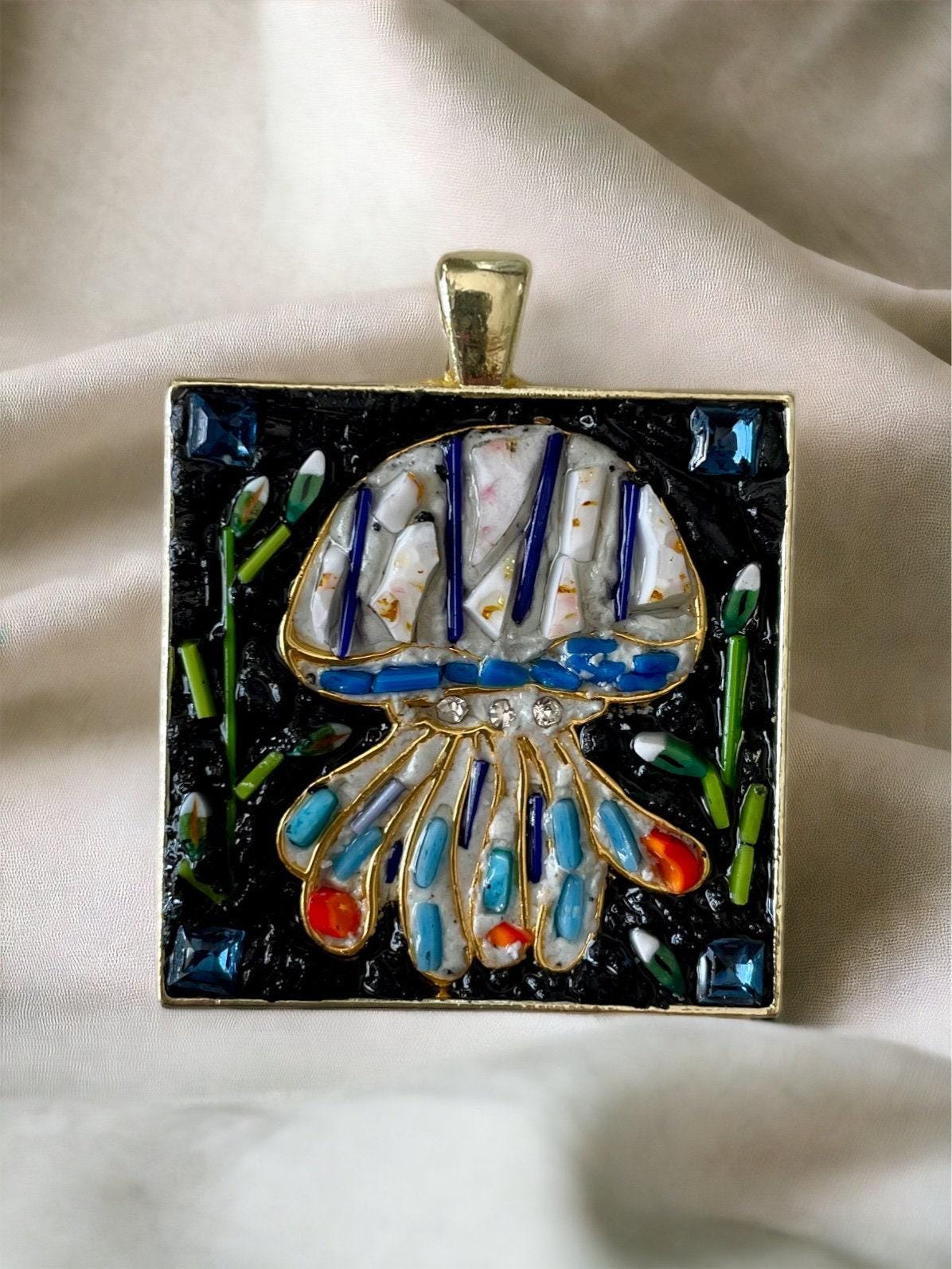 Jellyfish Pendant Necklace: Handcrafted Micro Mosaic Art (Swarovski and Millefiori Glass)