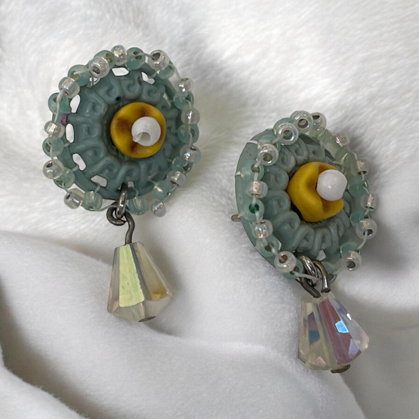 Stud earrings made of hand beaded vintage buttons with crystals