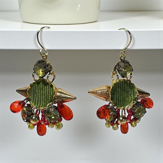 Handmade Mixed-Material Christmas Earrings – Green and Red - includes Fabric, Metal, Faux Crystal and Glass - Holiday Dangles