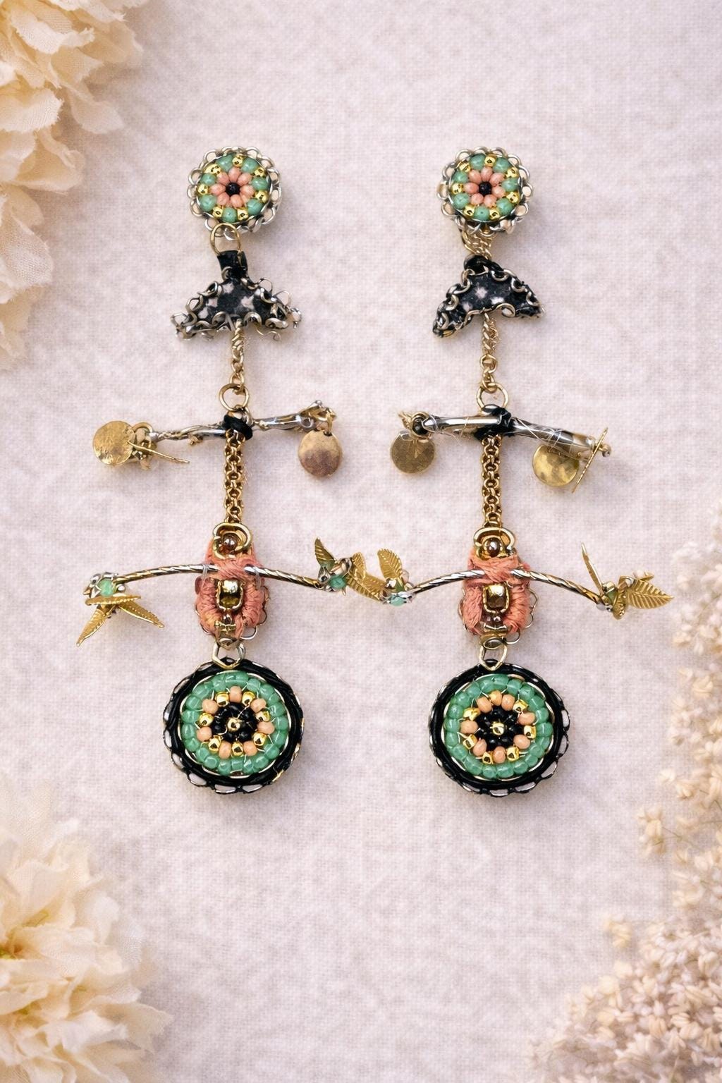One-of-a-kind Handmade Beaded Earrings - Artisan Statement Earrings - Beadwork, Textile and metal Mixed Media Earrings, Boho Couture Jewelry