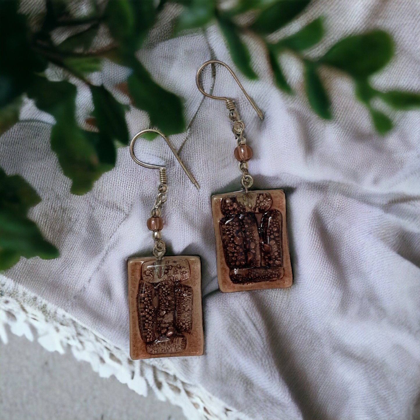 Unique artisan fused glass rectangular dangle earrings