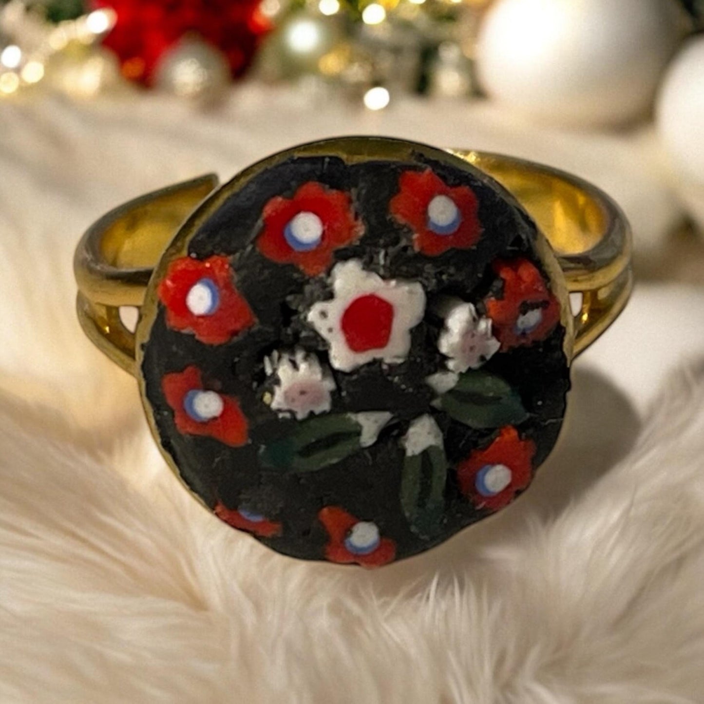 Handmade micro mosaic adjustable ring - Italian inspired - hand cut glass with millefiori flowers