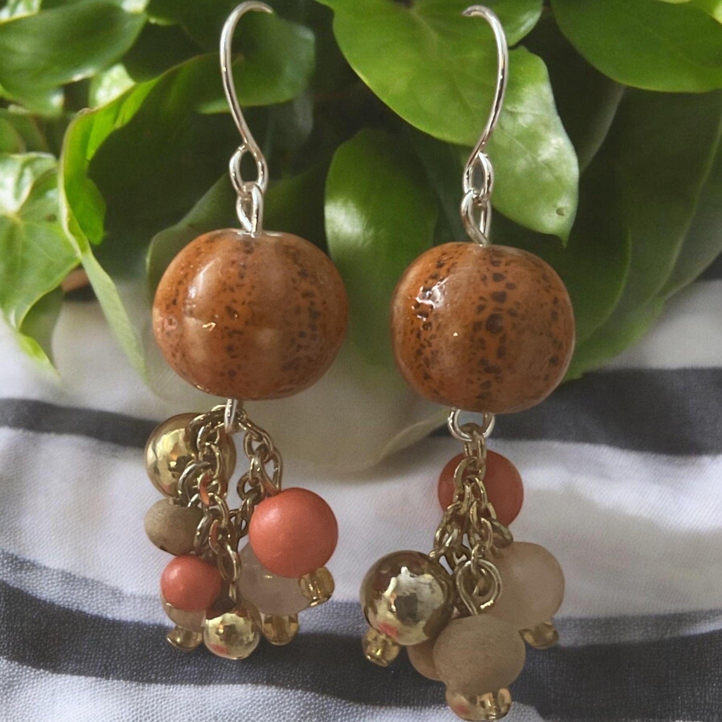 Orange speckled porcelain with mixed color bauble beads handmade dangle earrings