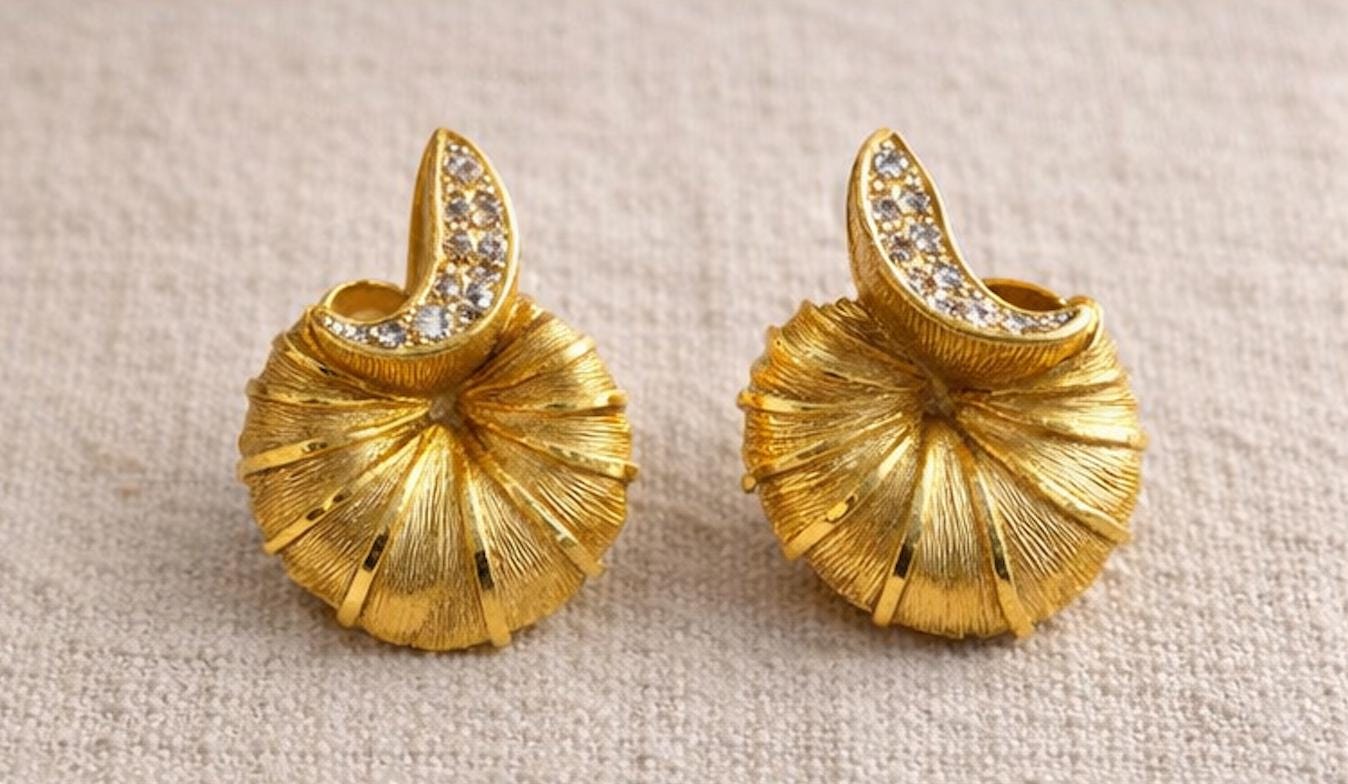 Vintage Gold Tone Clip Earrings Mid Century Fan Shell Design Rhinestone Accent Statement Earrings 1950s 1960s Retro Jewelry