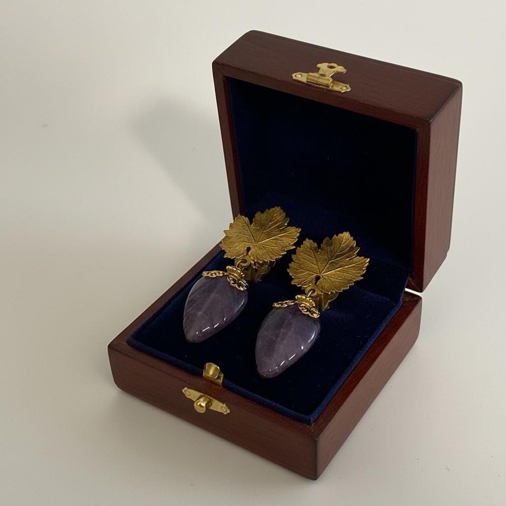 Vintage Goldtone Leaves Clip On Earrings with Carved Amethyst Drops | Retro Statement Jewelry
