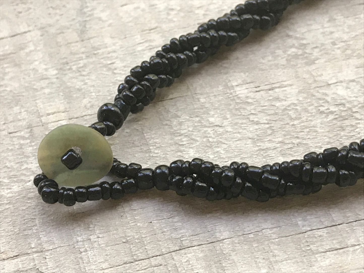 Vintage inlaid abalone and lavender mother of pearl on black multi strand seed beaded necklace