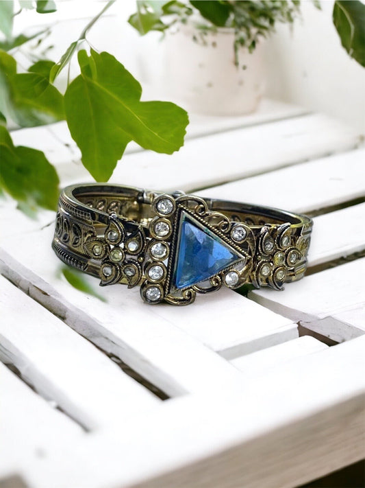 Beautiful blue and clear rhinestone vintage clamper bracelet
