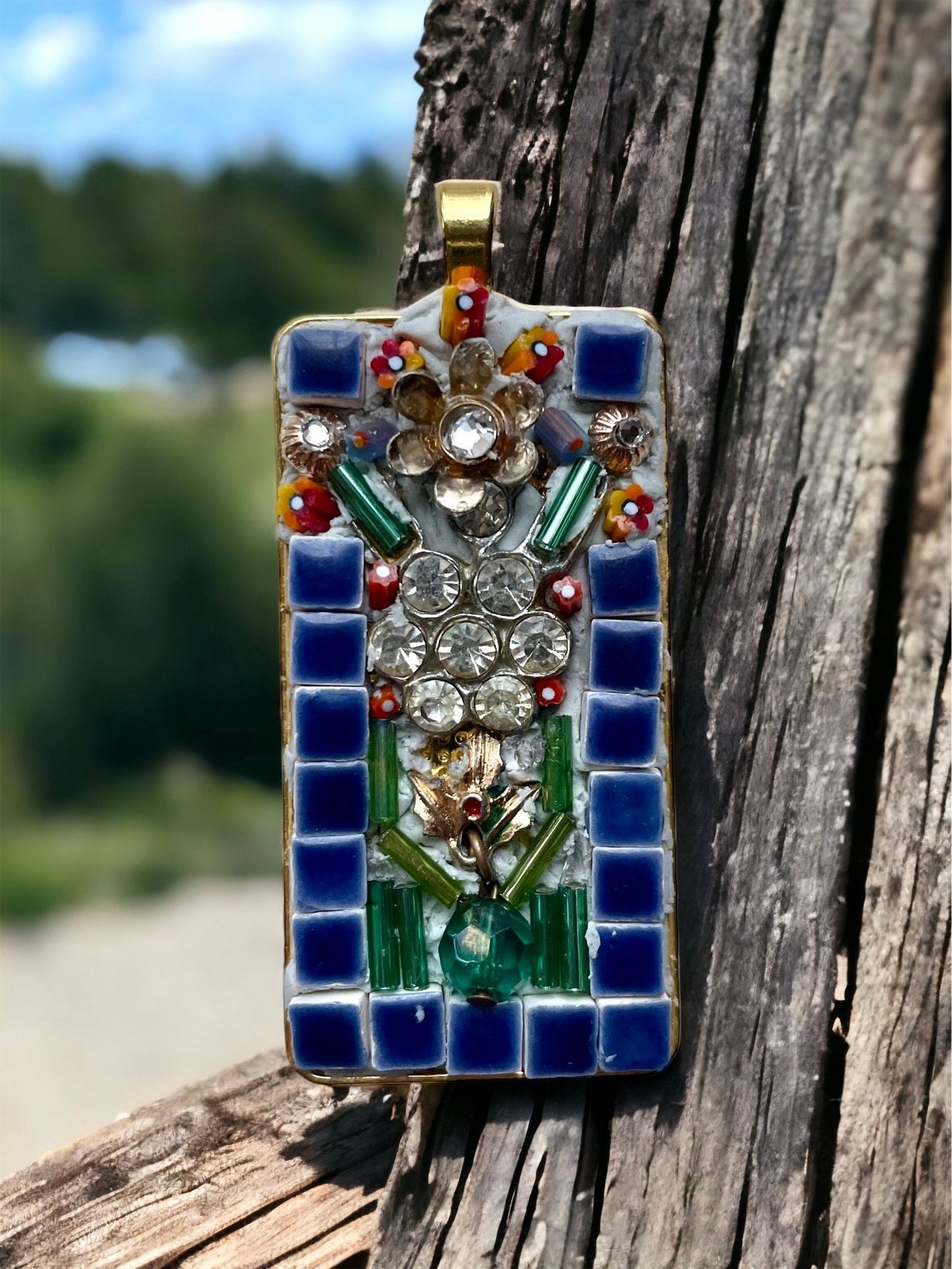 Mixed Material Micro Mosaic - tile, glass, metal and rhinestones - Assemblage art necklace pendant