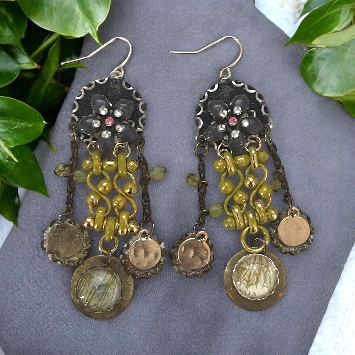 Handmade collage earrings -mixed metals with denim, rhinestones and postage stamp remnant dangles under faux glass domes- Sterling ear wires