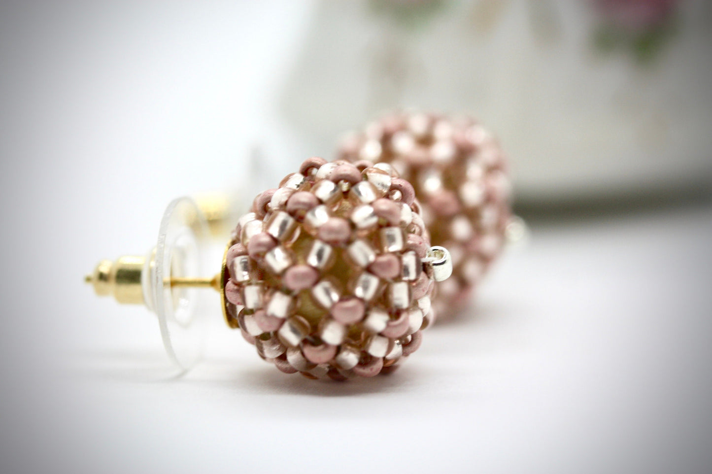 Handmade beaded bead stud earrings - approx. 3/4 of an inch - pink, wedding earrings, summer earrings