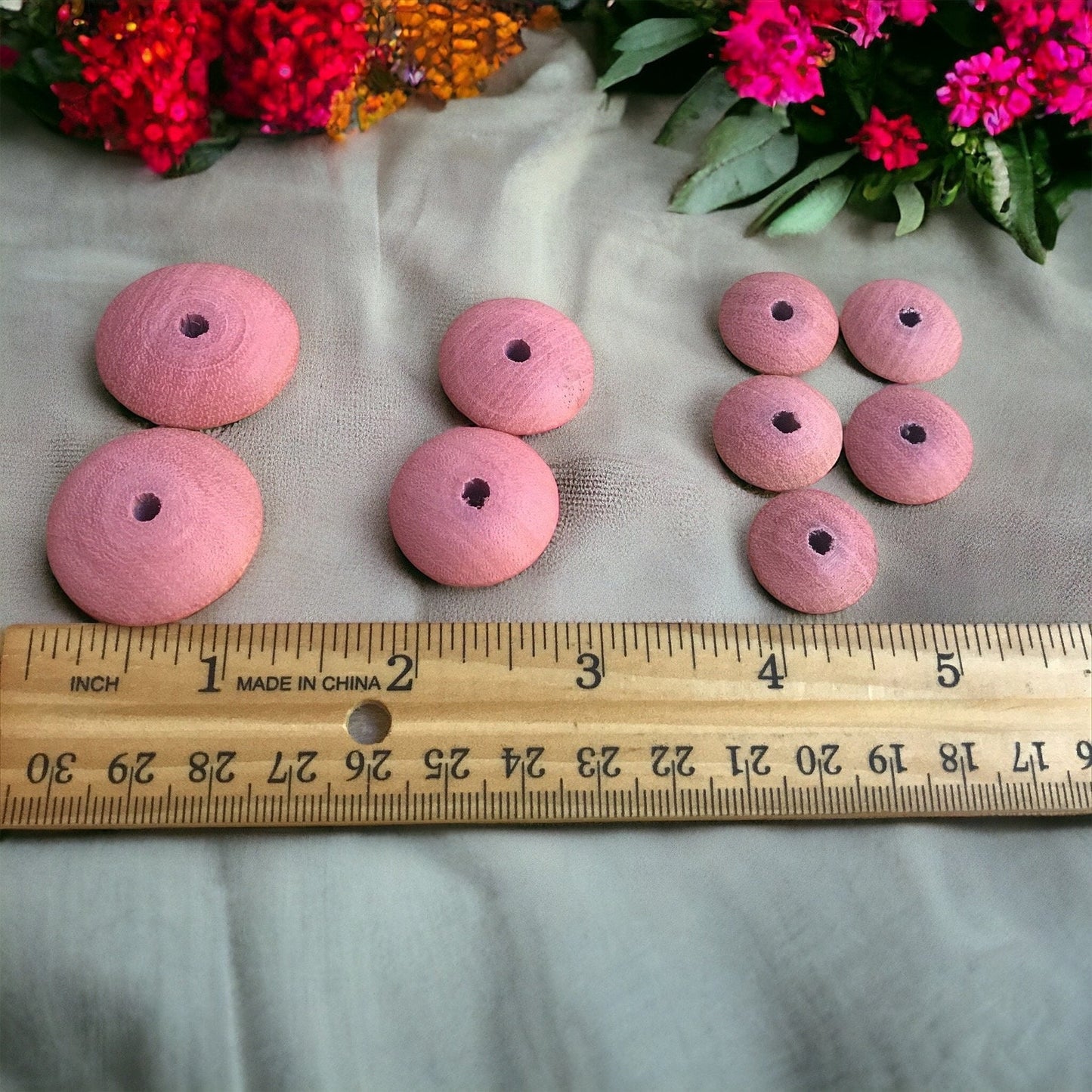 Pink wood saucer-shaped vintage beads - 9 beads total exactly as pictured
