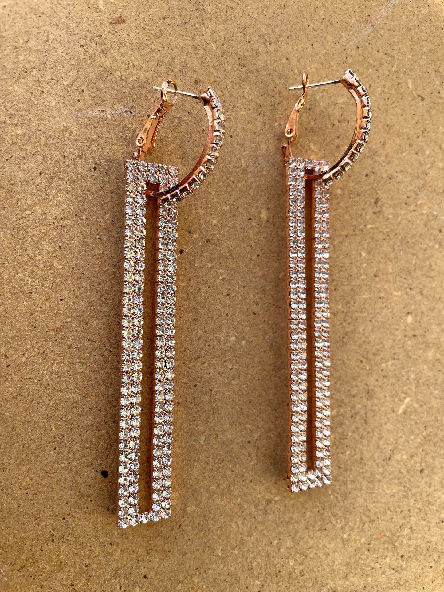 Simply elegant vintage earrings - rhinestone hoops with long rectangular rhinestone dangles
