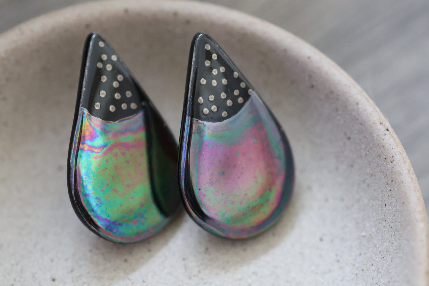 Glazed porcelain teardrop shaped vintage artisan earrings
