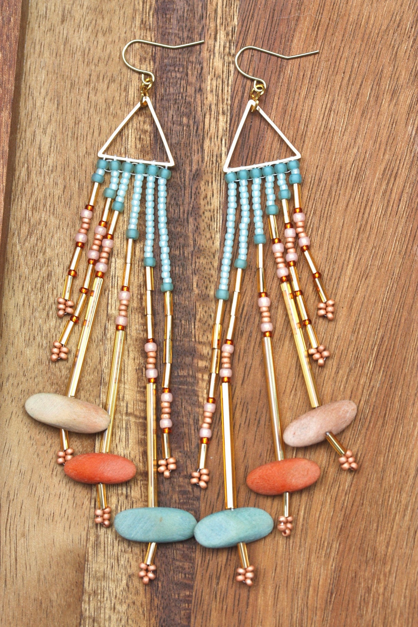 Hand beaded stunning dangle long statement beadwork earrings - glass, metal and colored drift wood