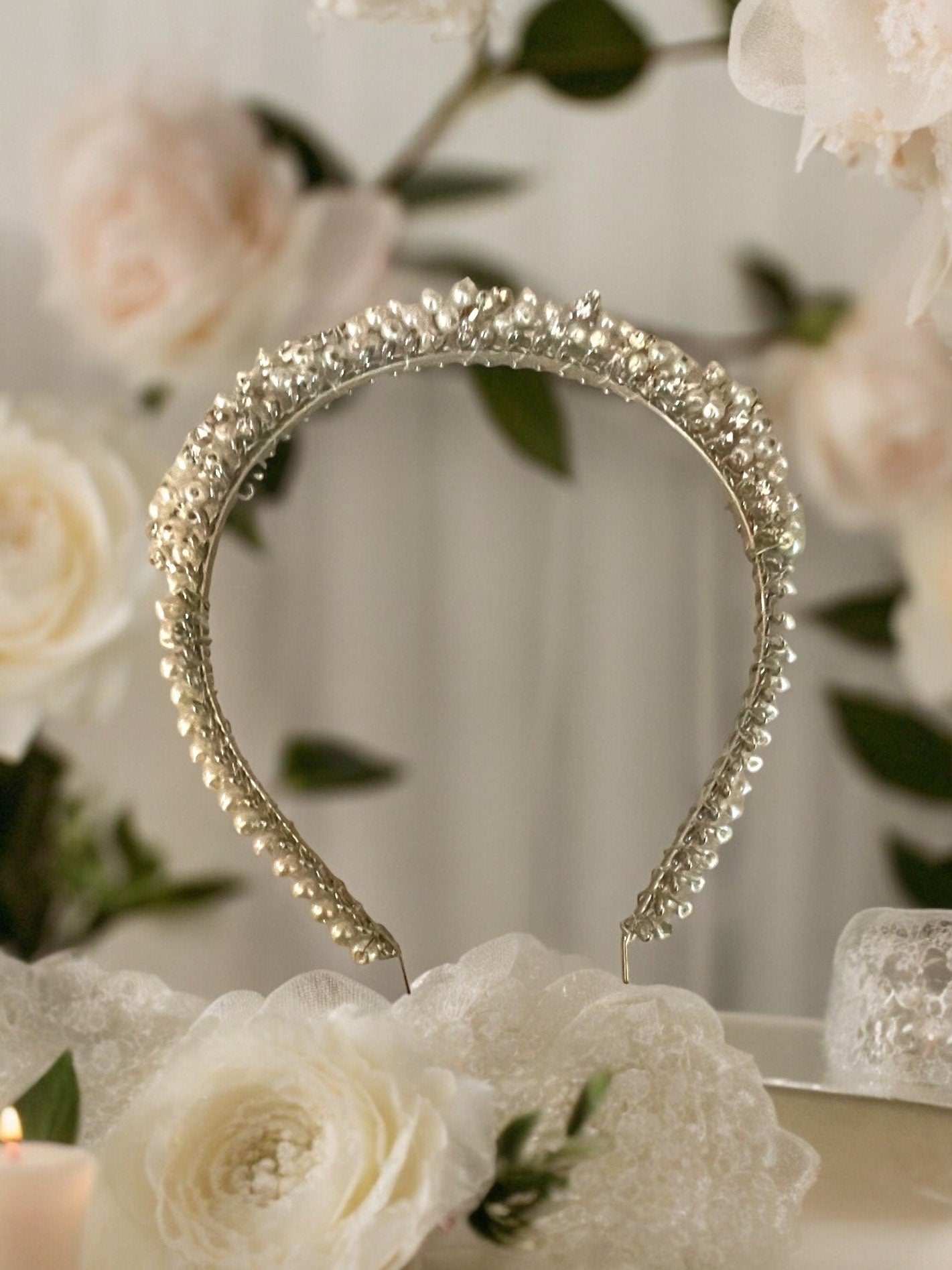 Handmade stunning head band for hair - with rhinestones and pearls on metal base - wedding, bride