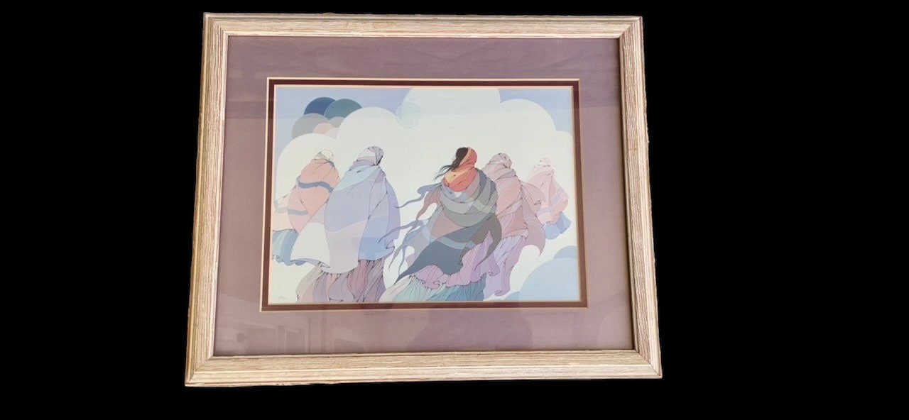 Stunning framed and matted vintage print by the late artist Diane O'Leary titled The Long Journey - Native American Multimedia artist
