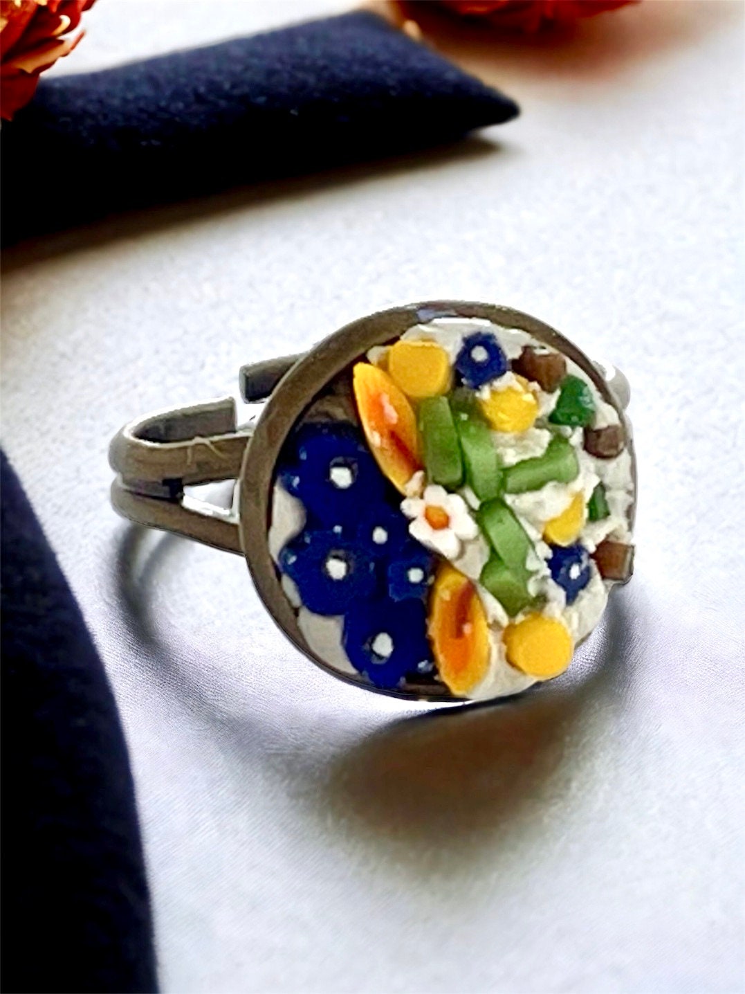 Handmade micro mosaic adjustable ring - Italian inspired - hand cut glass with millefiori flowers