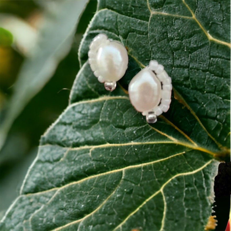Stunning baroque pearl stud earrings with tiny intricate beadwork - sterling silver ear wires