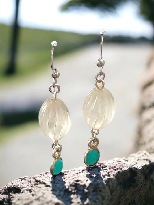 Long dangle earrings made of both new and vintage components - swirled frosted white with blue dangles