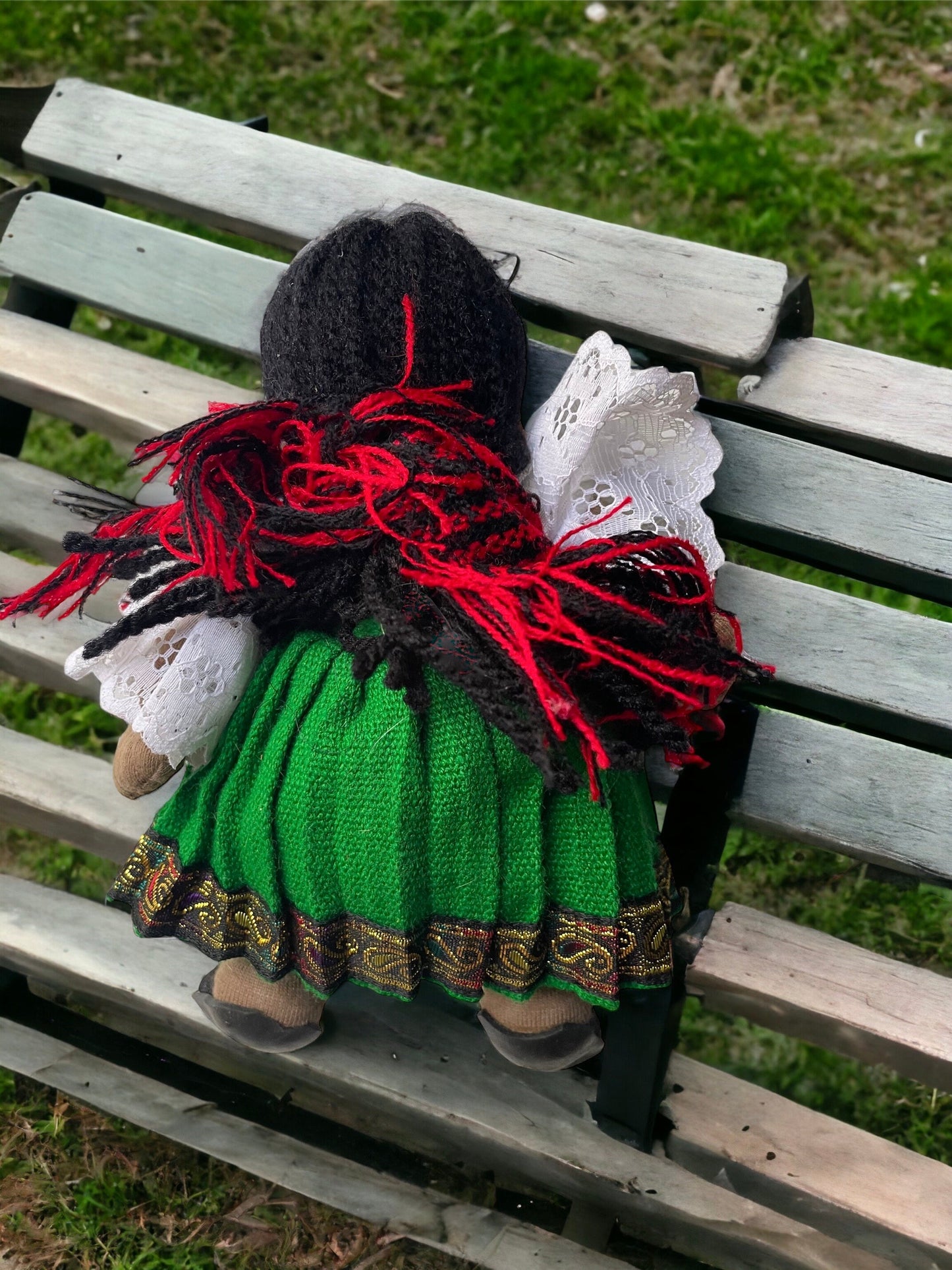 Stunning vintage Mexican? girl doll with braids, sandals and traditional clothing