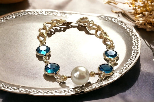 Blue crystal and faux pearl upcycled bracelet