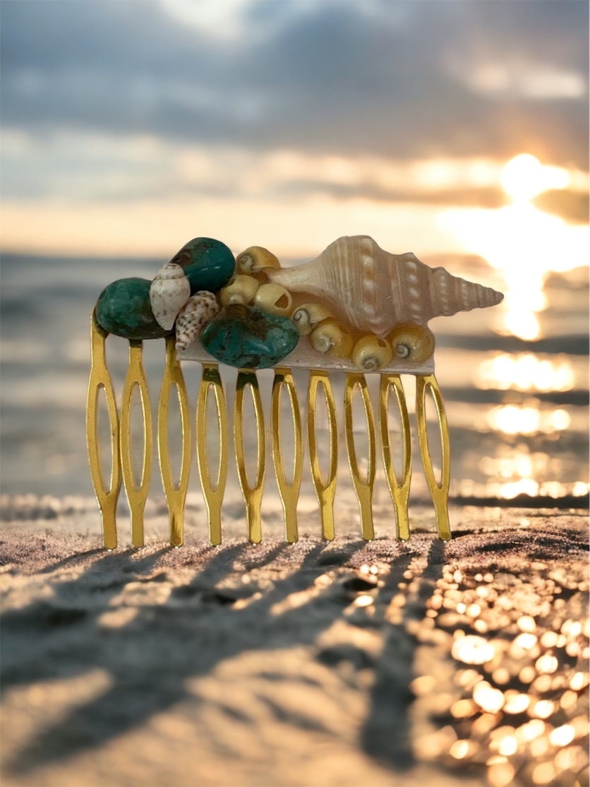 Stunning beach themed hair comb - starfish, stones, shells, faux pearls and blue sea glass on goldtone metal