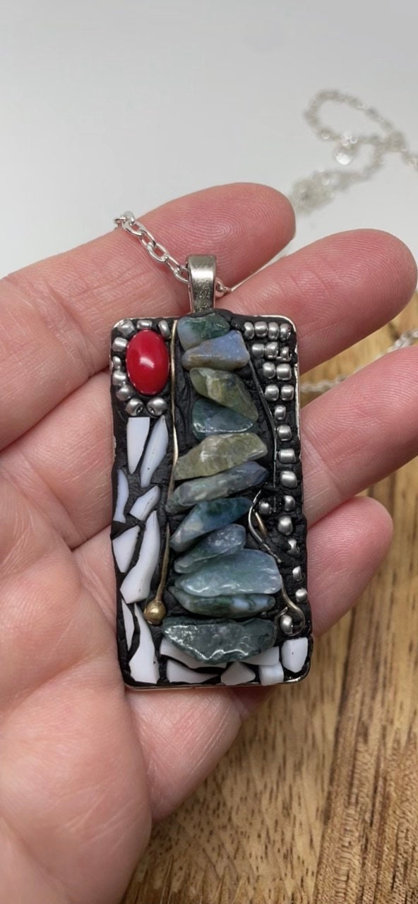 River Rocks Pathway - my one-of-a-kind micro mosaic necklace with mixed material including stone, metal and hand cut glass