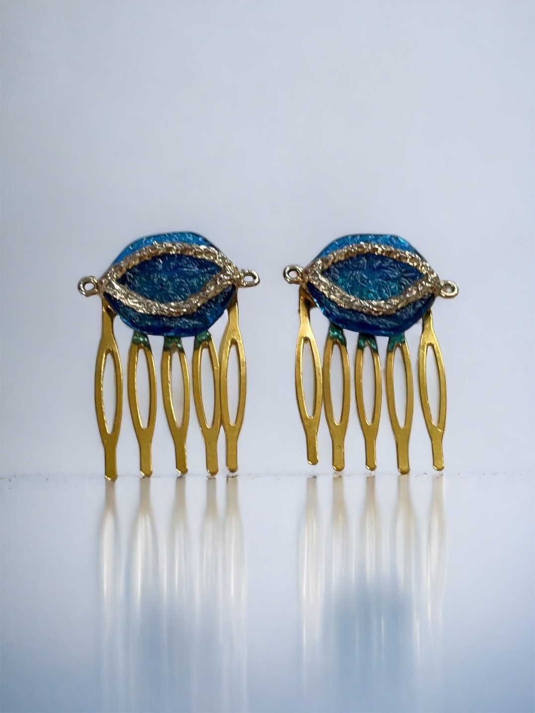 Pair of upcycled mixed material blue and gold small hair combs - 1" each - inspired by Mid Century Modern MCM design
