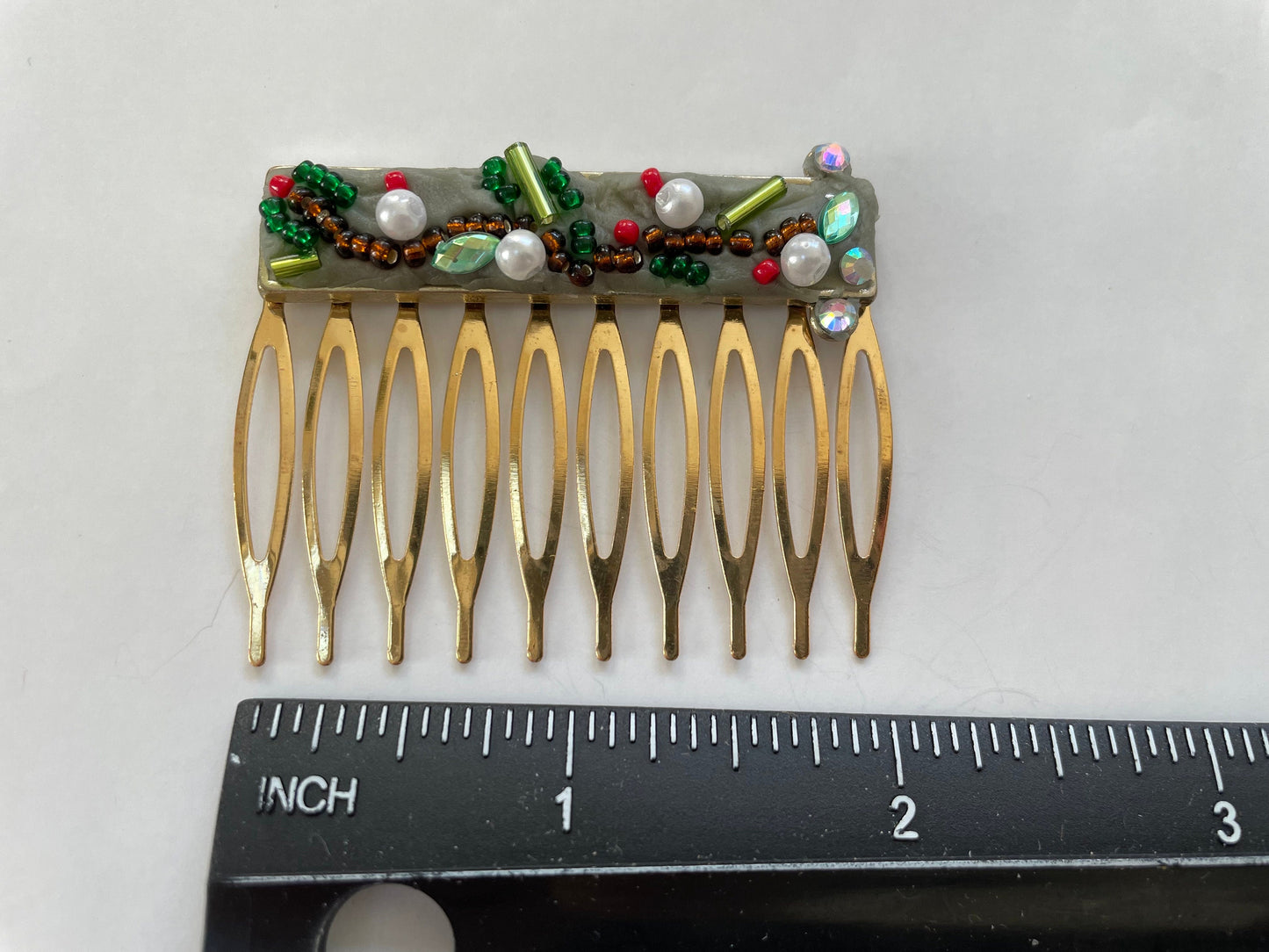 Mixed Material Mosaic Christmas themed metal hair comb -  micro mosaic / collage / Assemblage art / Millefiori