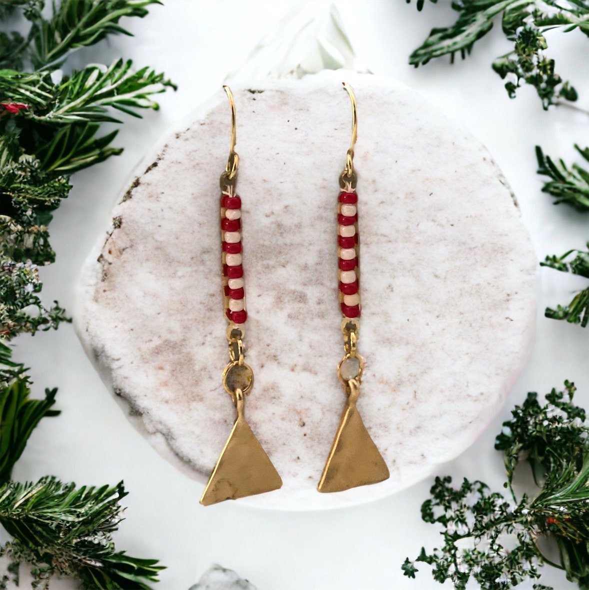 Charming little Christmas dangle earrings - red and white seed beads with hammered goldtone abstract Christmas tree