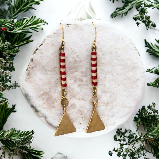 Charming little Christmas dangle earrings - red and white seed beads with hammered goldtone abstract Christmas tree